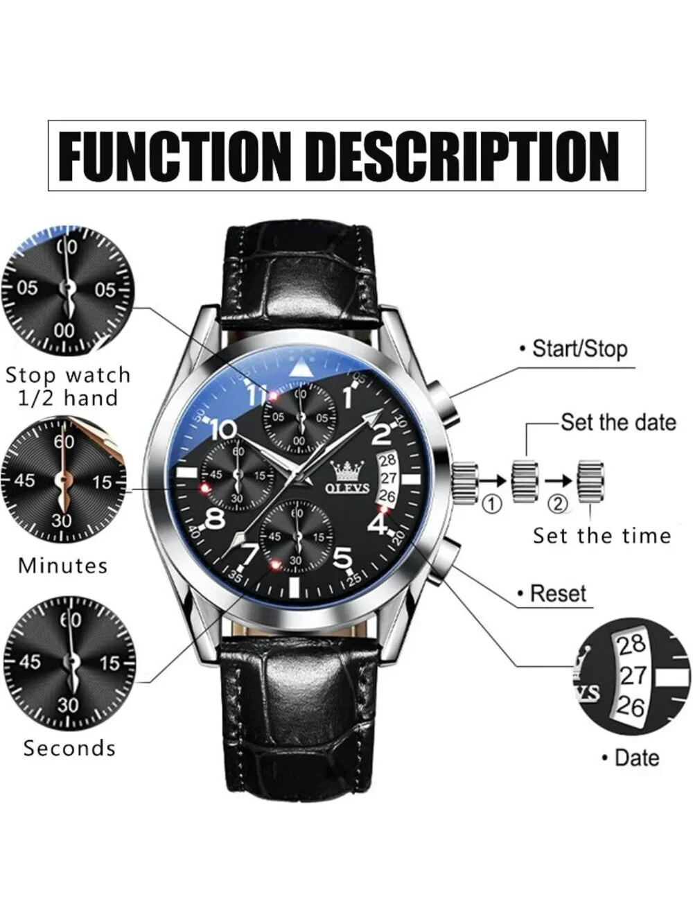 Mens Silver Large Face Black Leather Analog Classic Chronograph Waterproof Watch